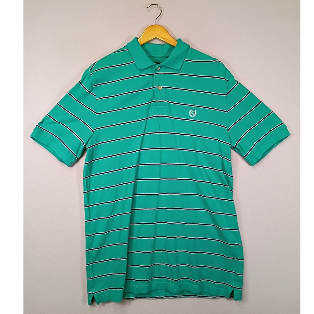 Preppy Chaps Mens Medium Green Striped Short Sleeve Cotton Pique Polo Shirt